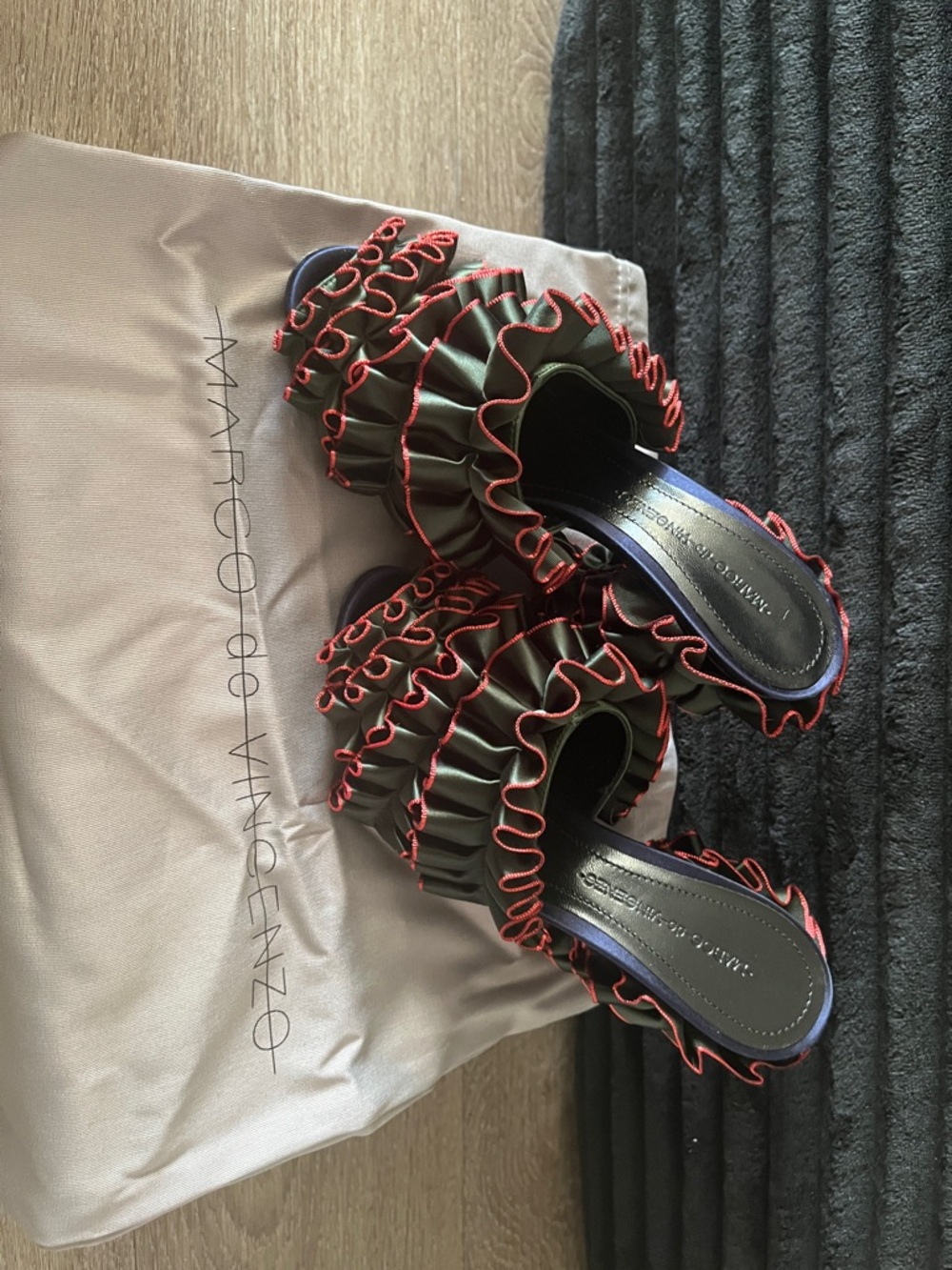 Ruffled Olive Slide Mules with Red Piping